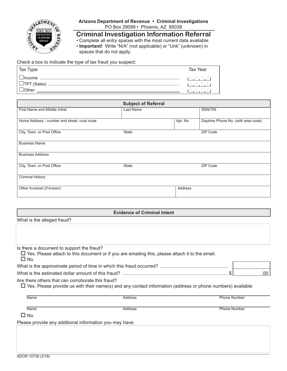 Form ADOR10738 Criminal Investigation Information Referral - Arizona, Page 1