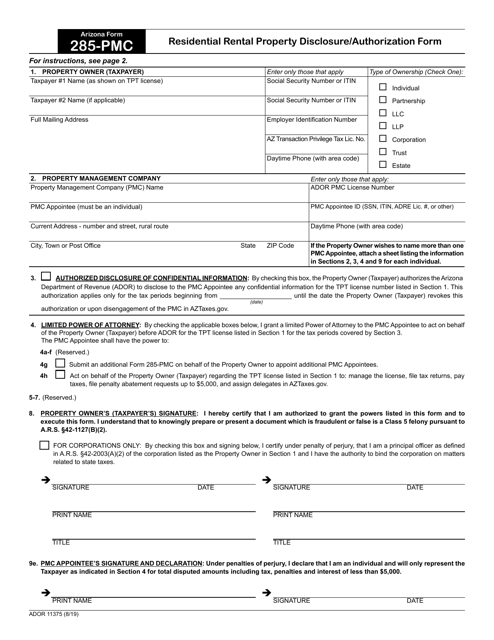 Arizona Form 285-PMC (ADOR11375)  Printable Pdf