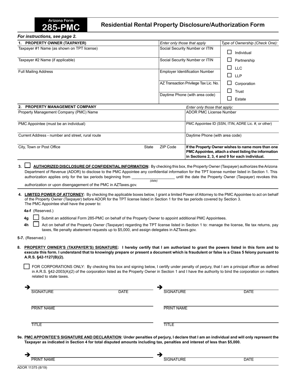 Arizona Form 285-PMC (ADOR11375) Residential Rental Property Disclosure / Authorization Form - Arizona, Page 1