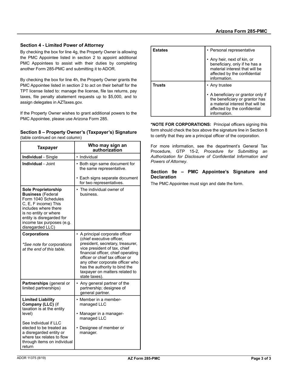 Arizona Form 285-PMC (ADOR11375) Residential Rental Property Disclosure / Authorization Form - Arizona, Page 3