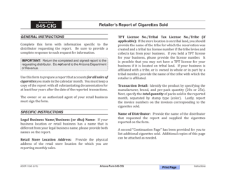 Document preview: Arizona Form 845-CIG (ADOR11245) Retailer's Report of Cigarettes Sold - Arizona