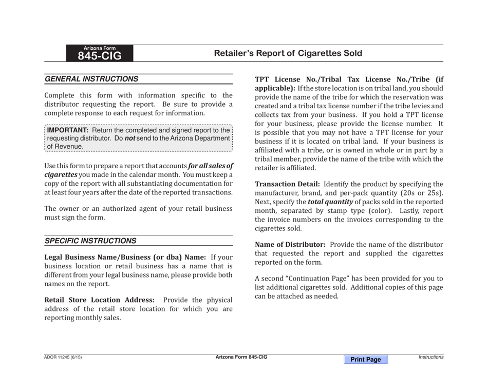 Arizona Form 845-CIG (ADOR11245) Retailers Report of Cigarettes Sold - Arizona, Page 1