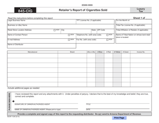 Arizona Form 845-CIG (ADOR11245) Retailer&#039;s Report of Cigarettes Sold - Arizona, Page 2