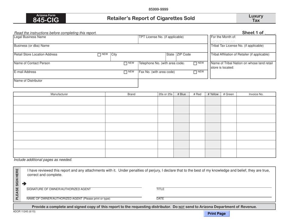 Arizona Form 845-CIG (ADOR11245) Retailers Report of Cigarettes Sold - Arizona, Page 2