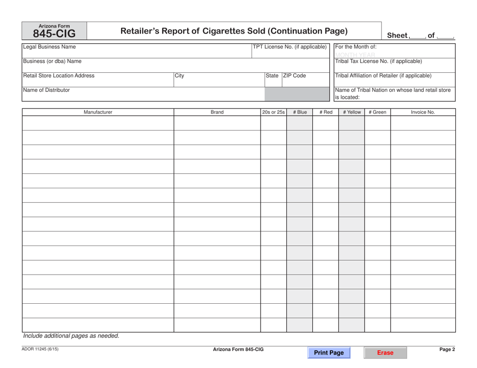 Arizona Form 845-CIG (ADOR11245) Retailers Report of Cigarettes Sold - Arizona, Page 3