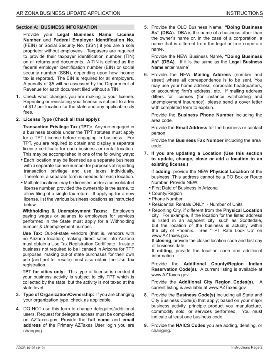Form ADOR10193 Business Account Update - Arizona, Page 5