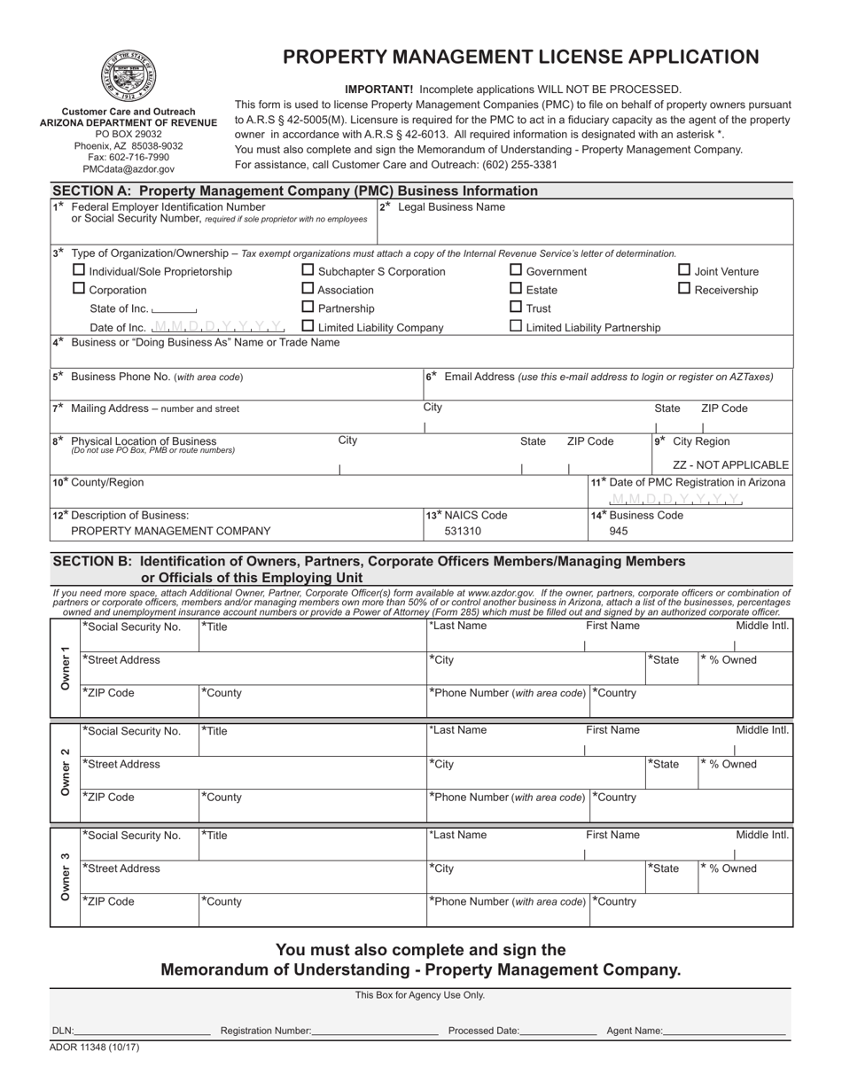 Form ADOR11348 Property Management License Application - Arizona, Page 1