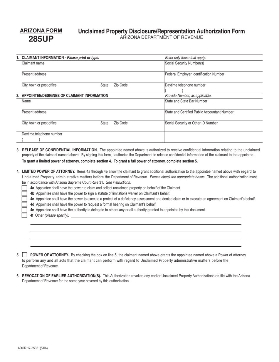 Arizona Form 285UP (ADOR17-5535) Unclaimed Property Disclosure / Representation Authorization Form - Arizona, Page 1