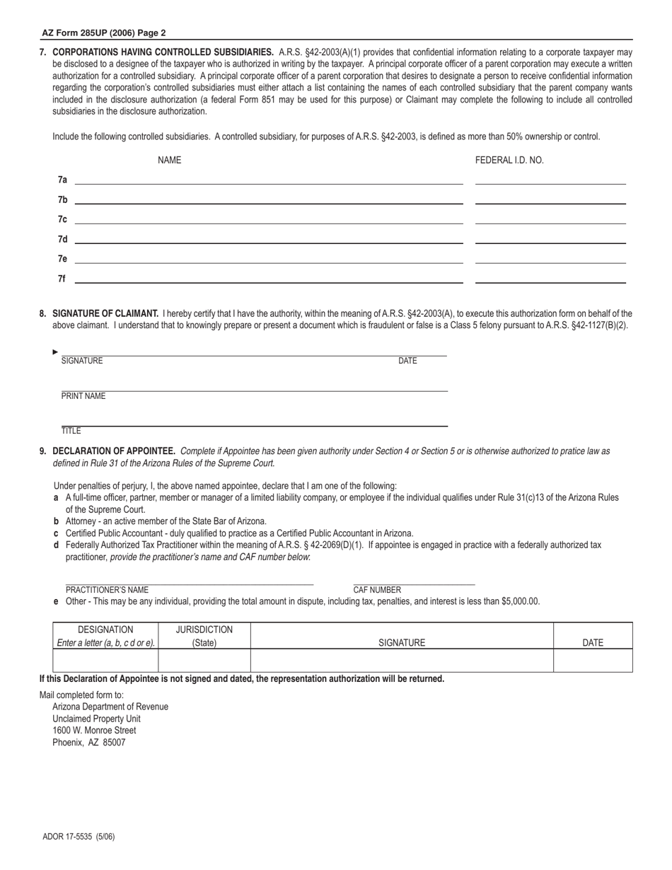 Arizona Form 285UP (ADOR17-5535) - Fill Out, Sign Online and Download ...