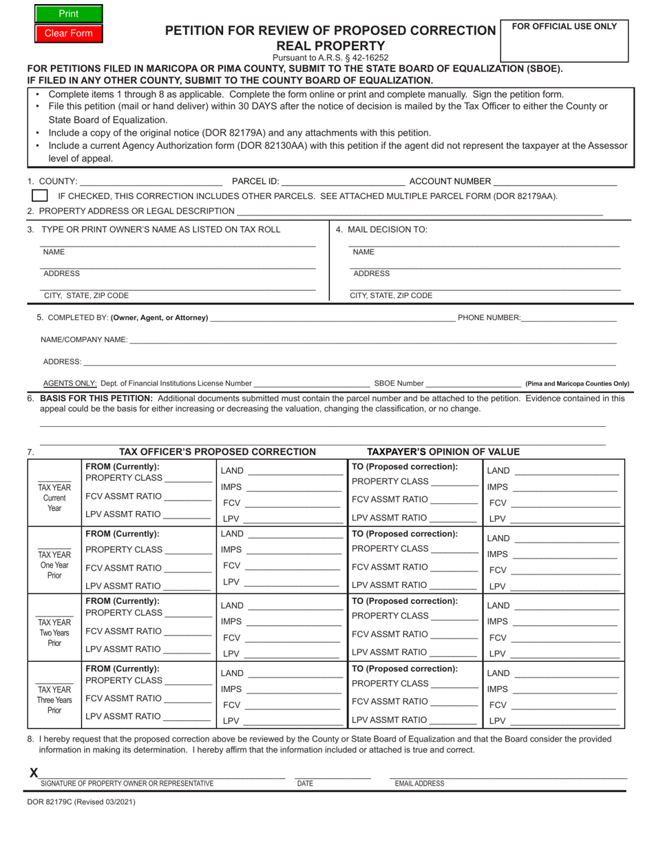 Form ADOR82179C Petition for Review of Proposed Correction - Real Property - Arizona, Page 1