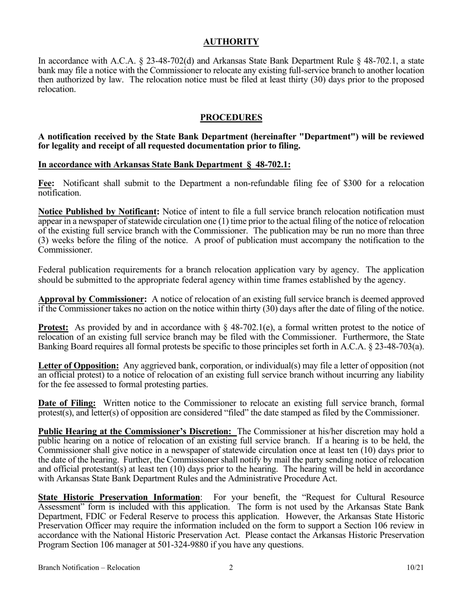 Notification for Relocation of a Branch Bank - Arkansas, Page 2