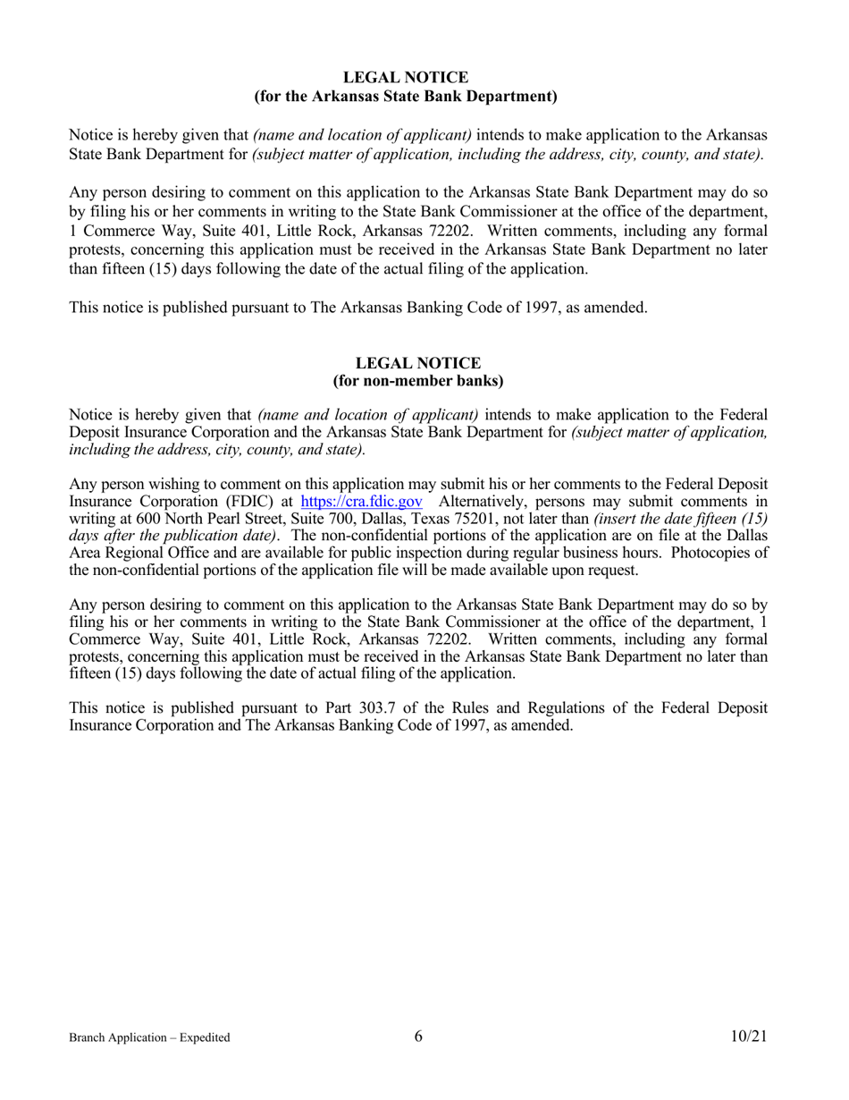 Application for Branch Bank - Expedited - Arkansas, Page 6
