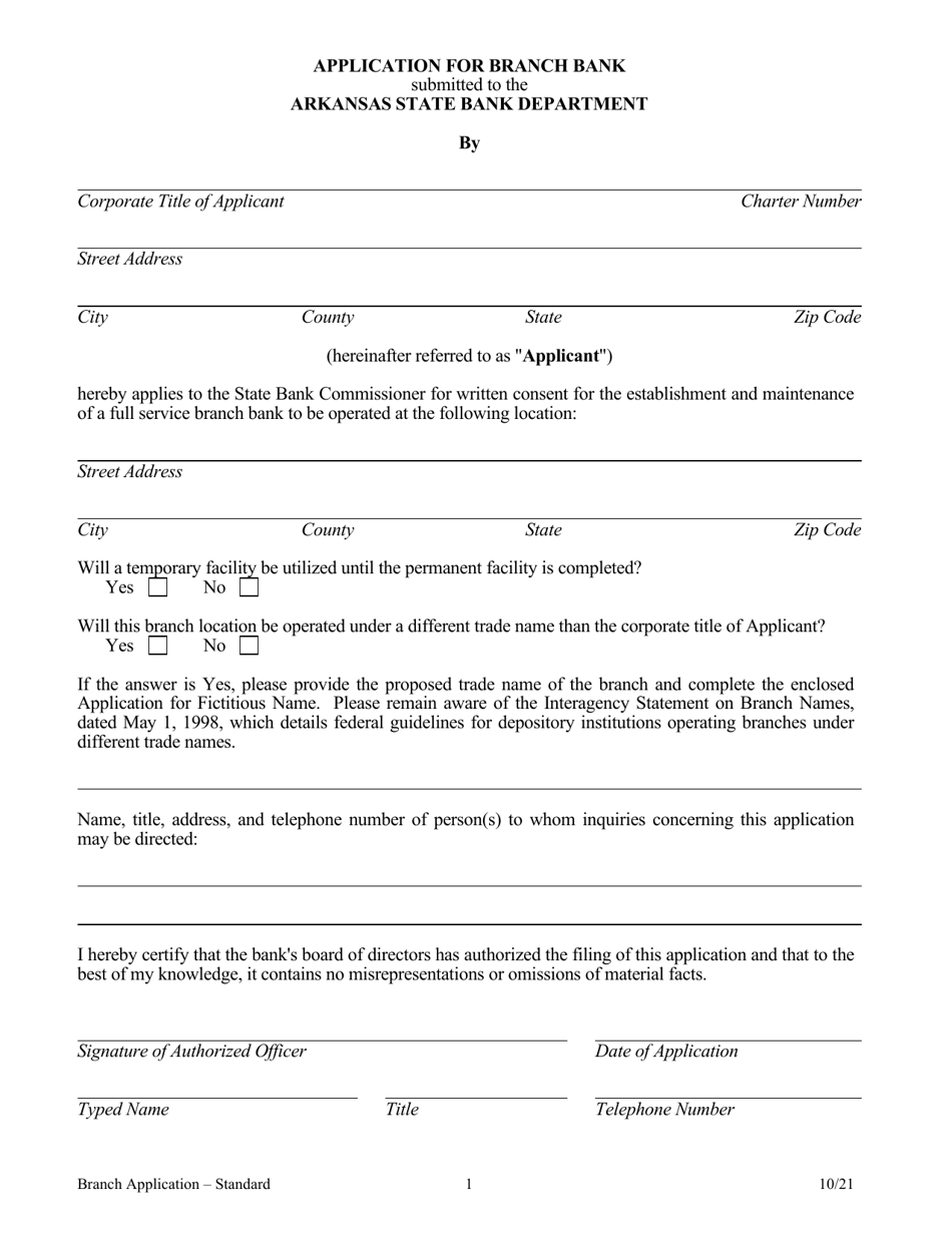 Application for Branch Bank - Standard - Arkansas, Page 1