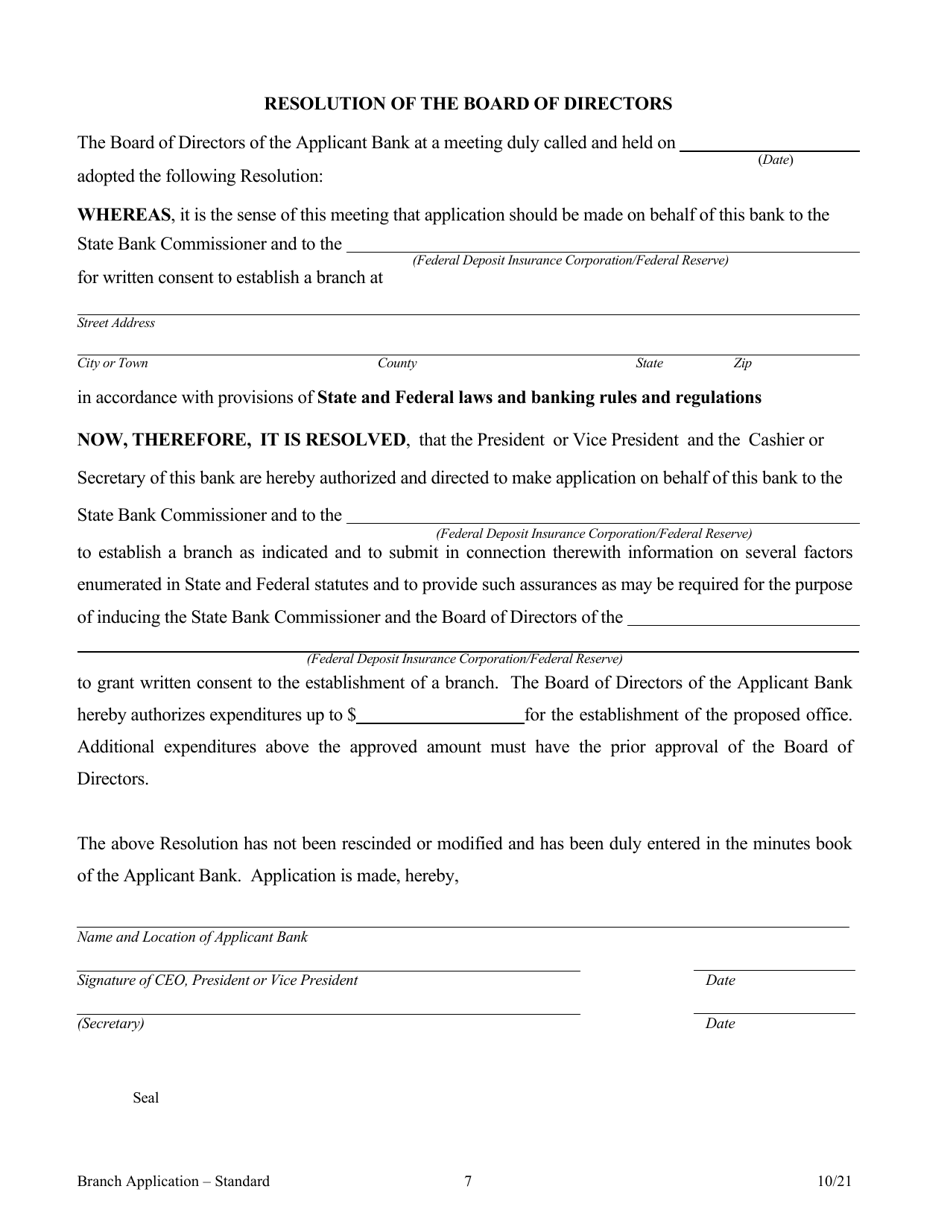 Application for Branch Bank - Standard - Arkansas, Page 7