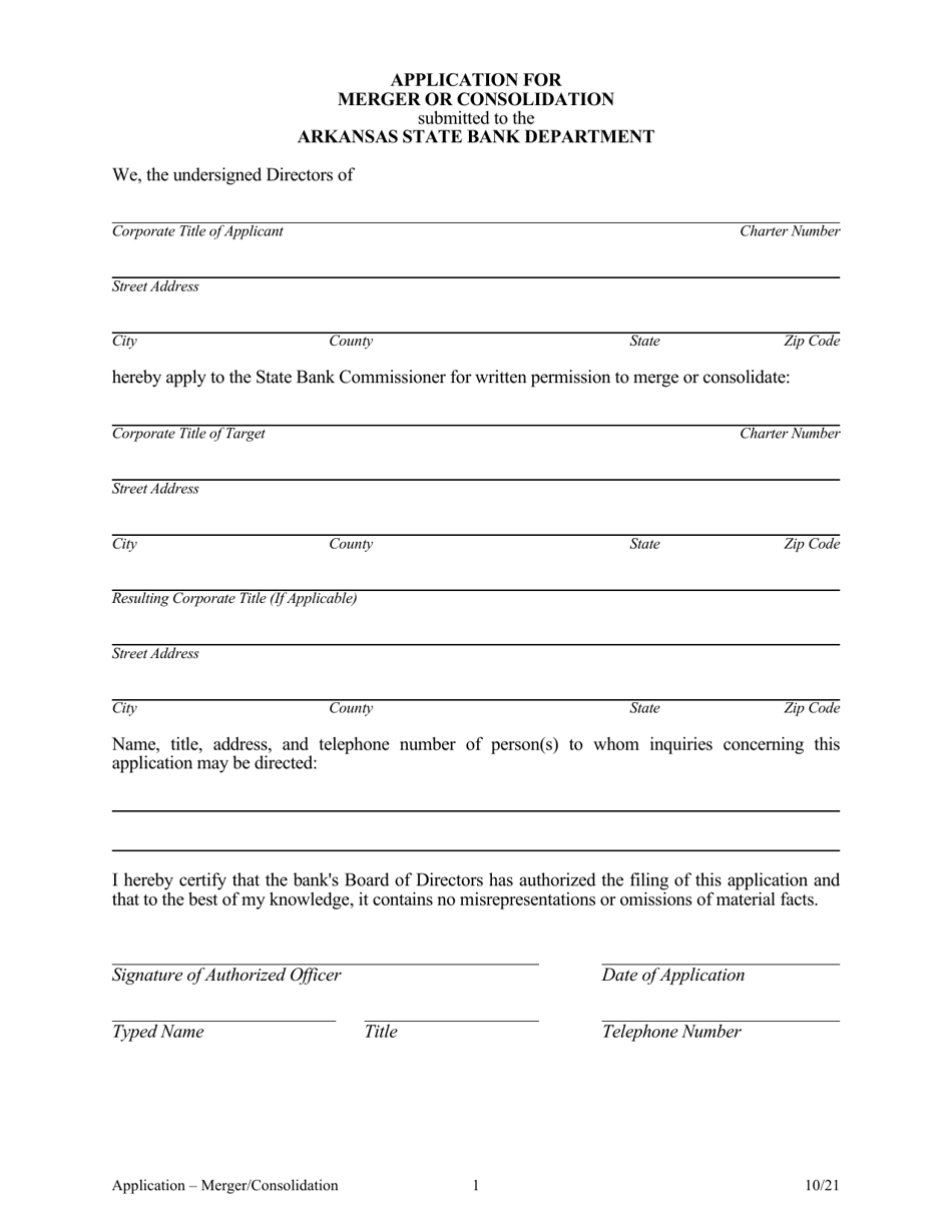 Application for Merger or Consolidation - Arkansas, Page 1
