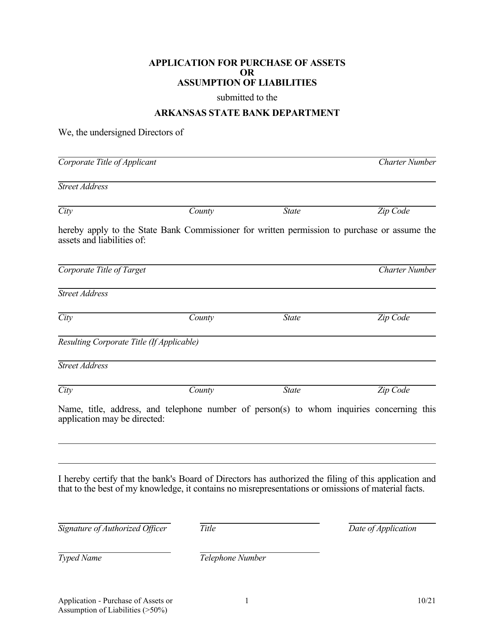 Application for Purchase of Assets or Assumption of Liabilities ( 50%) - Arkansas Download Pdf