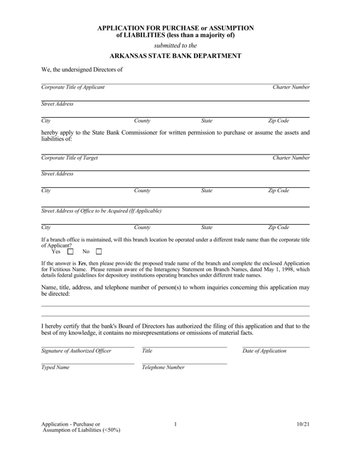 Application for Purchase or Assumption of Liabilities ( 50%) - Arkansas Download Pdf
