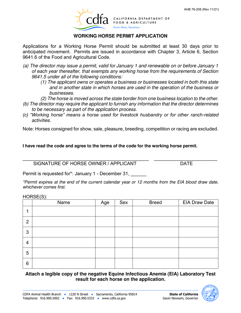 AHB Form 76-208 Working Horse Permit Application - California, Page 1