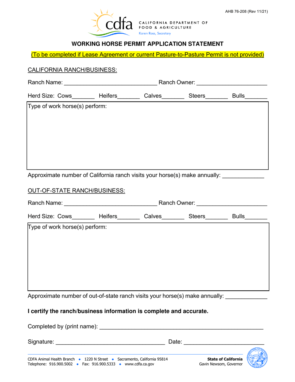 AHB Form 76-208 Working Horse Permit Application - California, Page 3