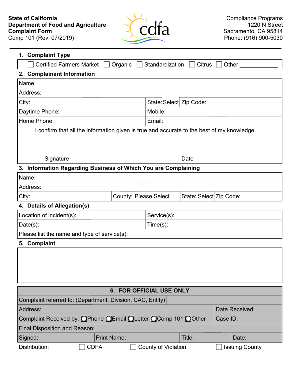 Form IS-STZ101 Complaint Form - California, Page 1