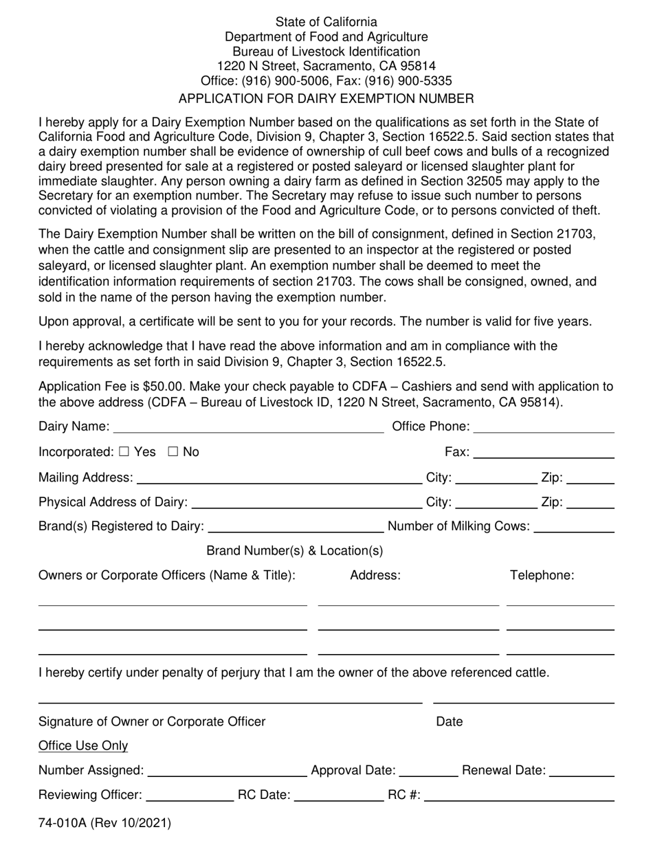 Form 74-010A Application for Dairy Exemption Number - California, Page 1