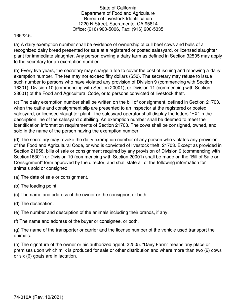 Form 74-010A Application for Dairy Exemption Number - California, Page 2