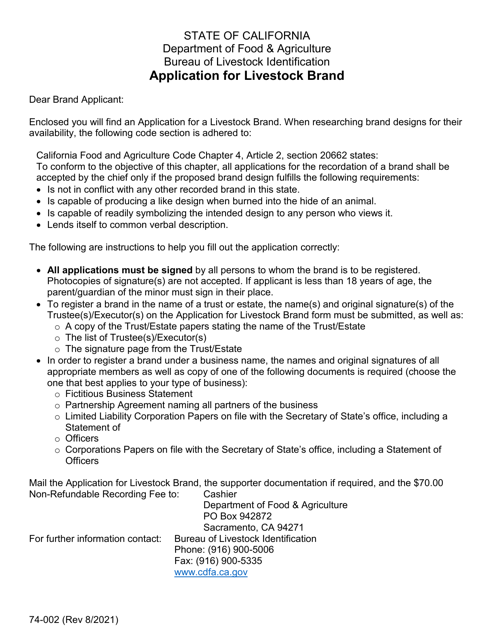 Form 74-002 Application for Livestock Brand - California