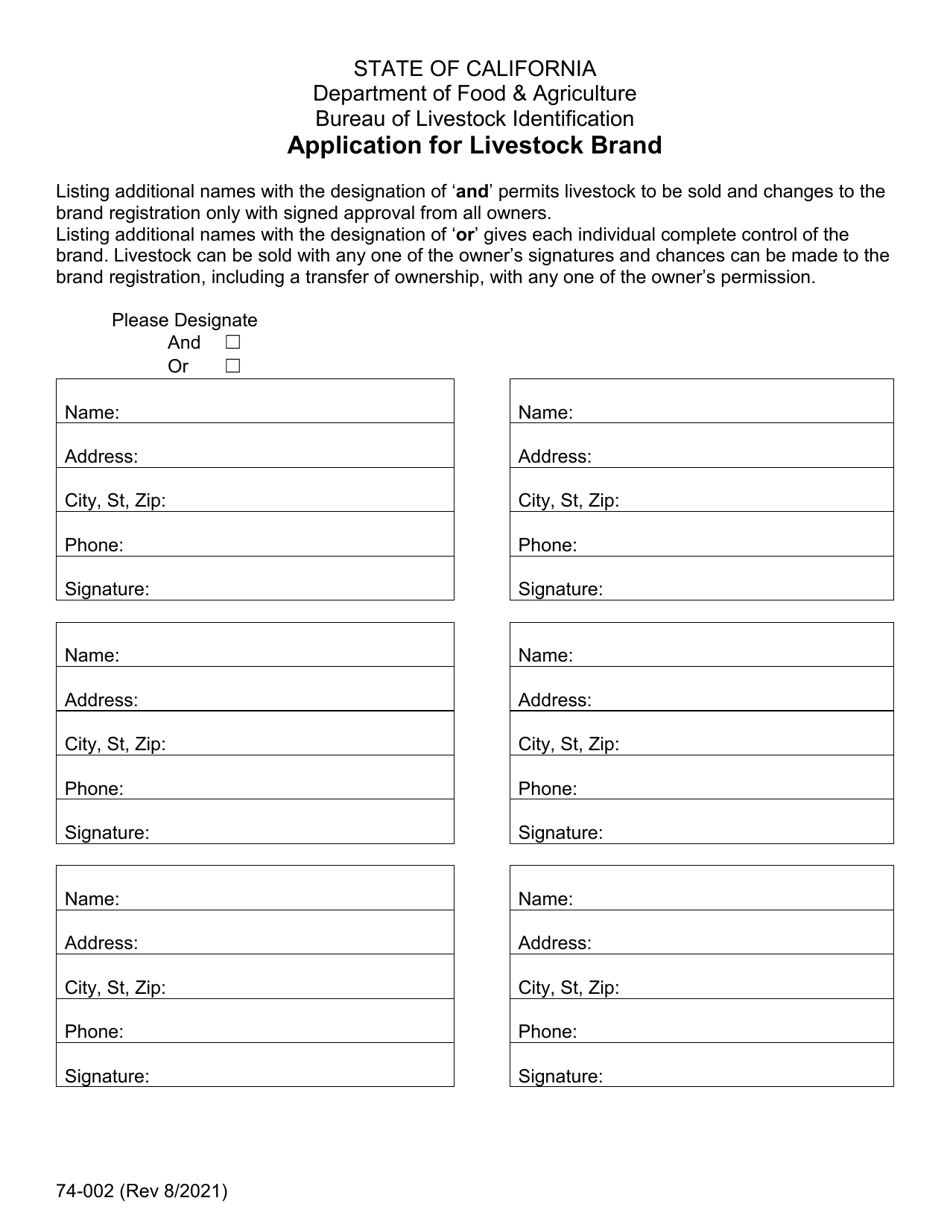 Form 74-002 Application for Livestock Brand - California, Page 3