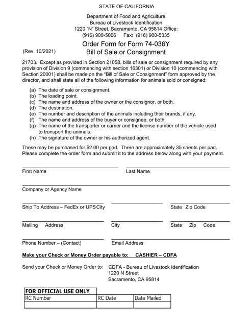 Form 74-036Y Bill of Sale or Consignment - California