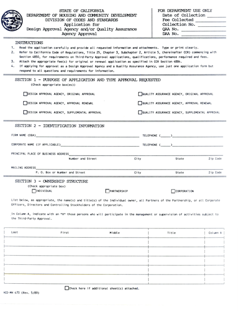Form HCD-MH470 Application for Design Approval Agency and/or Quality Assurance Agency Approval - California