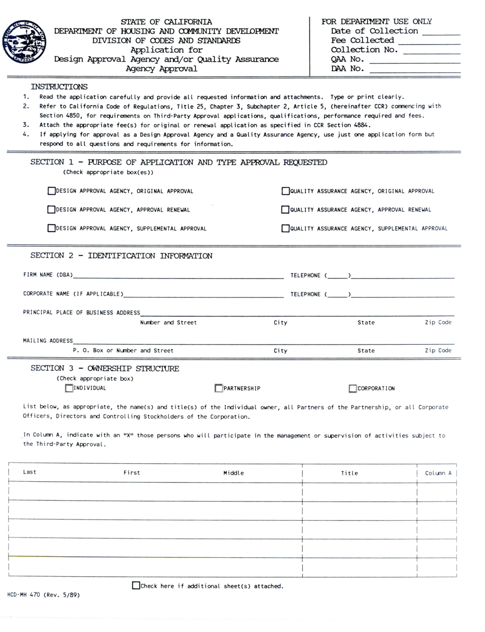 Form HCD-MH470 Application for Design Approval Agency and / or Quality Assurance Agency Approval - California, Page 1