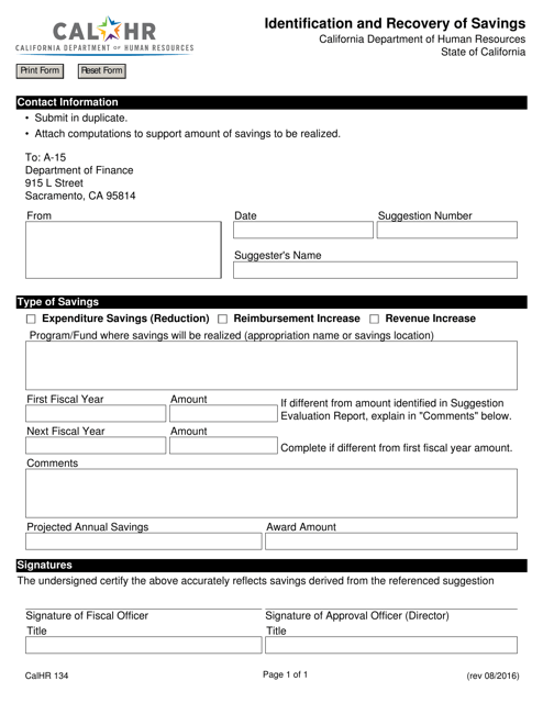 Form CALHR134 Identification and Recovery of Savings - California