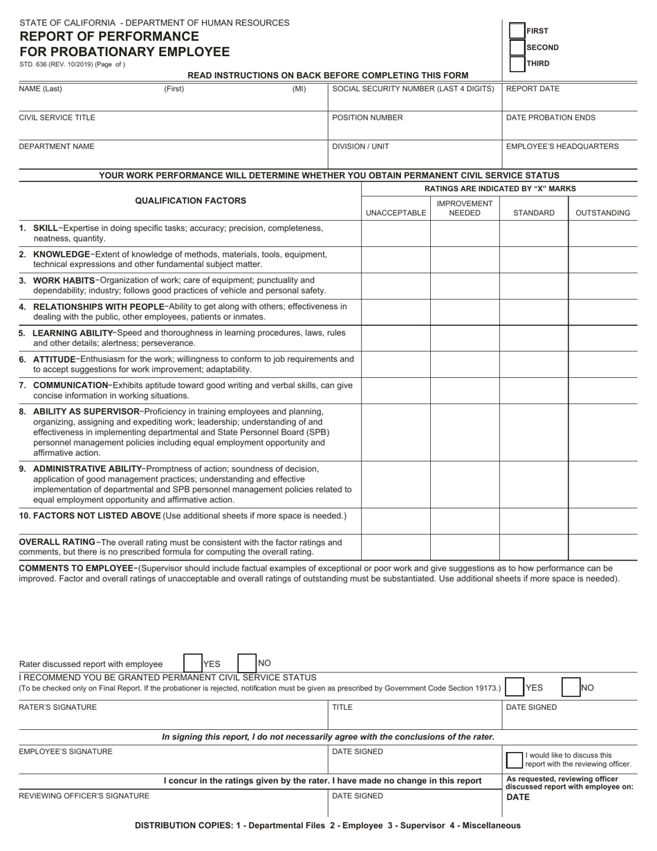 Form STD.636 Report of Performance for Probationary Employee - California, Page 1