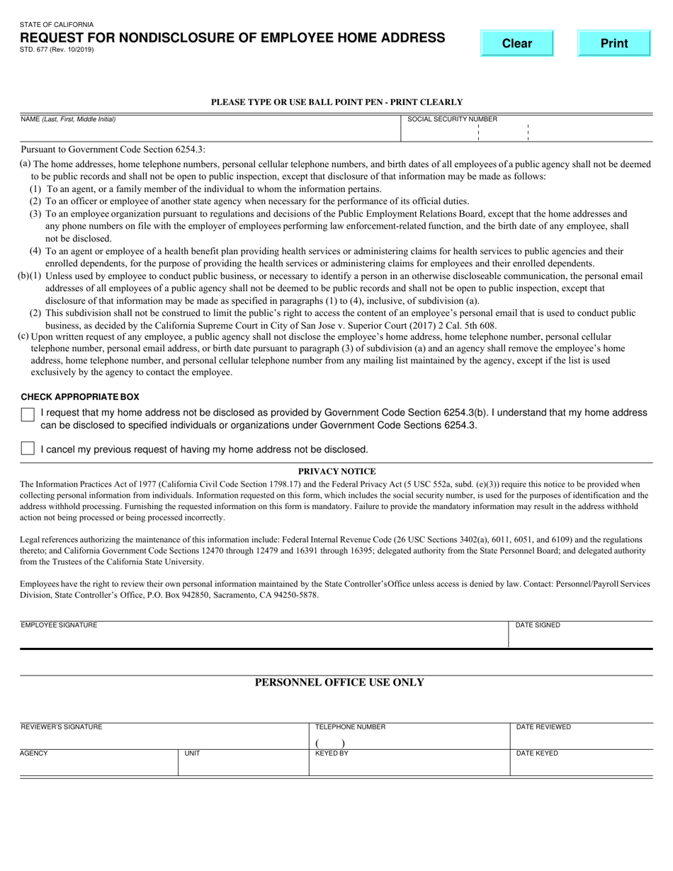 Form STD.677 Request for Nondisclosure of Employee Home Address - California, Page 1