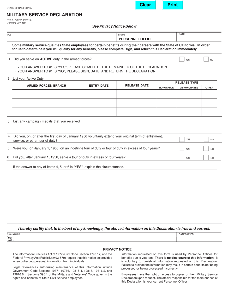 Form STD.912 Military Service Declaration - California, Page 1