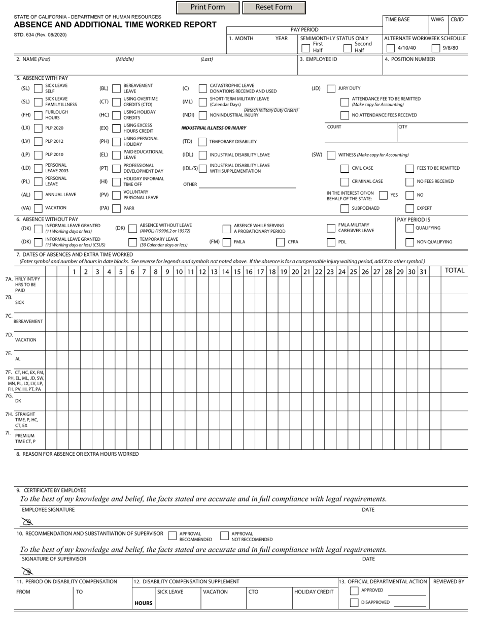 Form STD.634 Absence and Additional Time Worked Report - California, Page 1