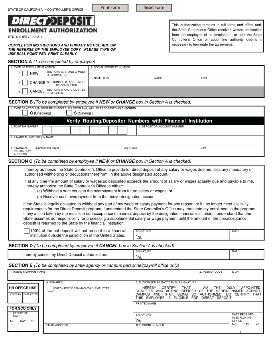 Form STD.699 Direct Deposit Enrollment Authorization - California, Page 1