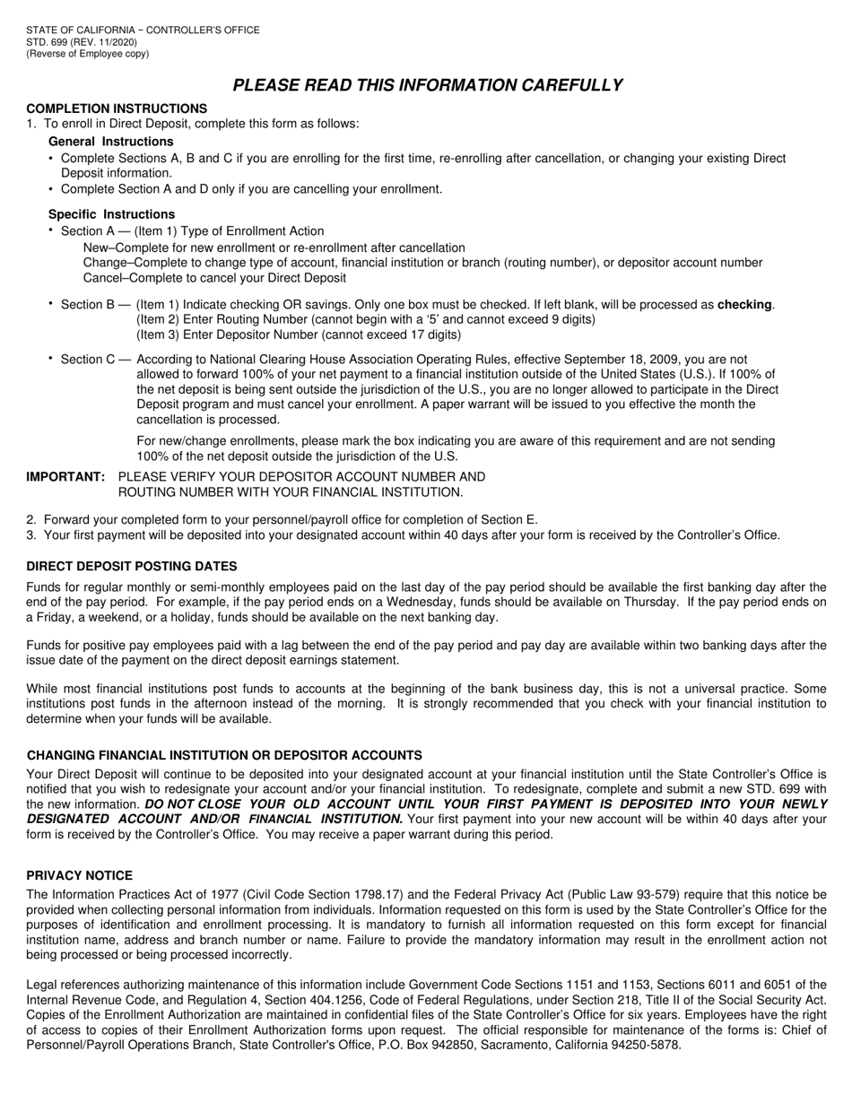 Form STD.699 Direct Deposit Enrollment Authorization - California, Page 2