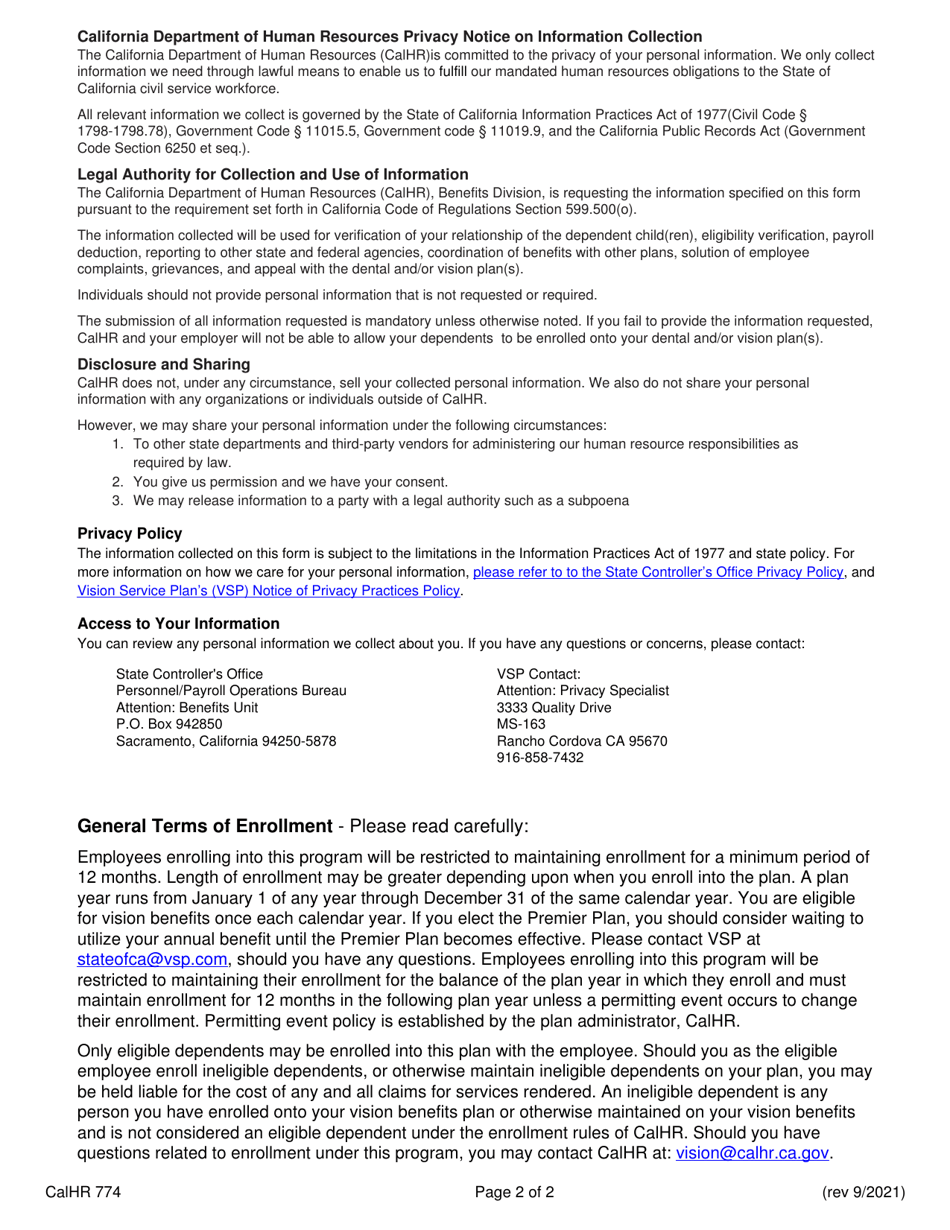 Form CALHR774 Premier Vision Plan Enrollment - California, Page 2
