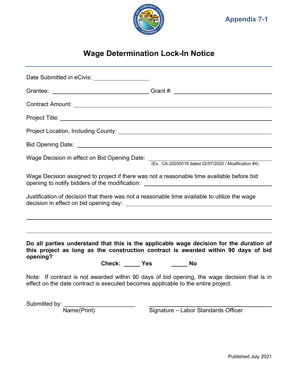 Appendix 7-1 Wage Determination Lock-In Notice - California, Page 1