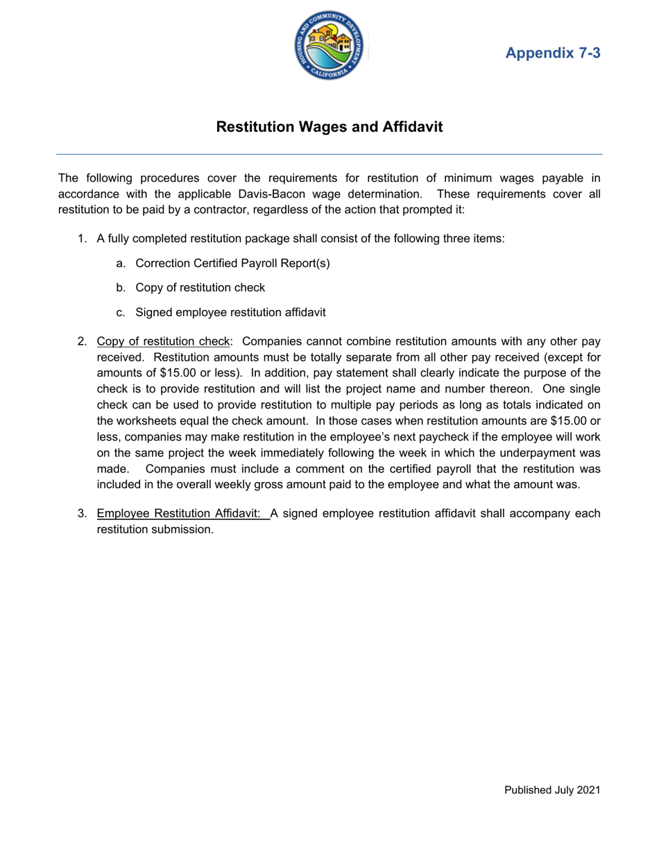 Appendix 7-3 Restitution Wages and Affidavit - California, Page 1