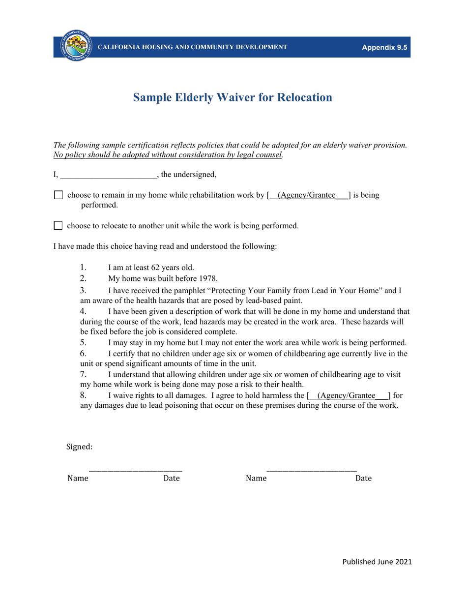 Appendix 9-5 Sample Elderly Waiver for Relocation - California, Page 1