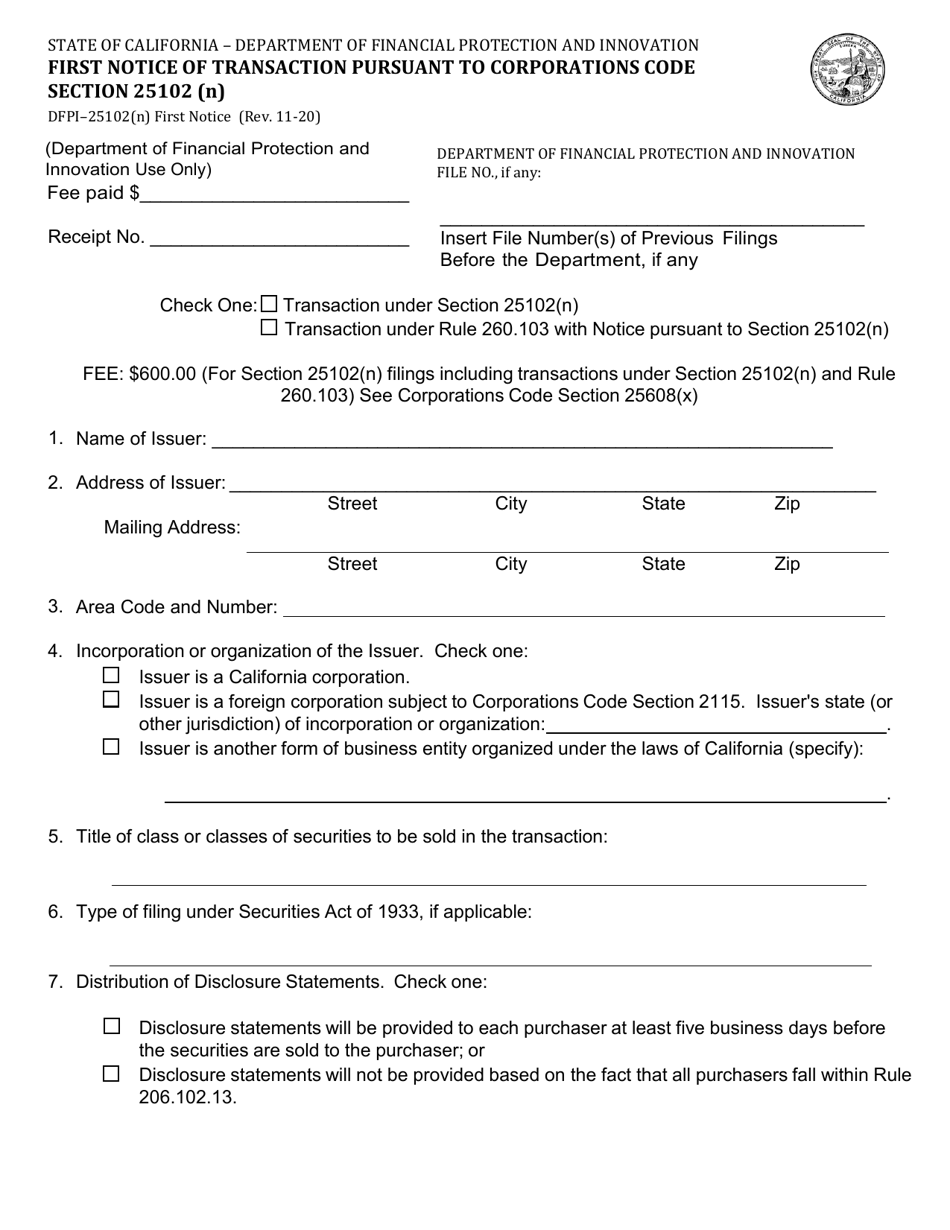 Form DFPI25102(N) Fill Out, Sign Online and Download Fillable PDF