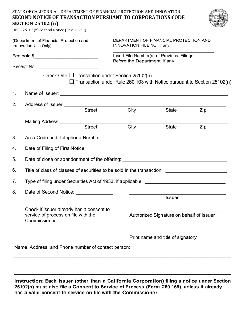 Form DFPI-25102(N) Second Notice of Transaction Pursuant to Corporations Code Section 25102(N) - California, Page 1