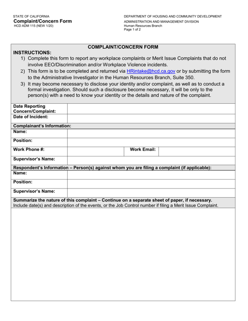 Form HCD ADM115 Complaint/Concern Form - California