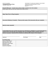 Form HCD ADM115 Complaint/Concern Form - California, Page 2