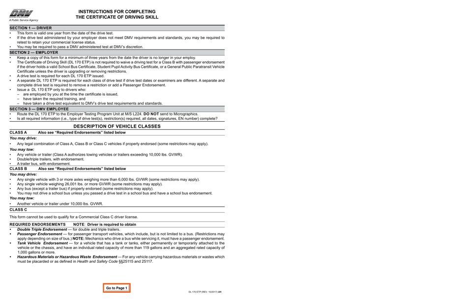 Form DL170 ETP Certificate of Driving Skill - California, Page 2