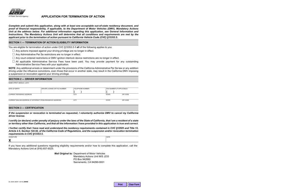 Form DL4006 Application for Termination of Action - California, Page 1