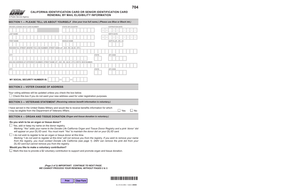 Form DL410 ID California Identification Card or Senior Identification Card Renewal by Mail Eligibility Information - California, Page 2