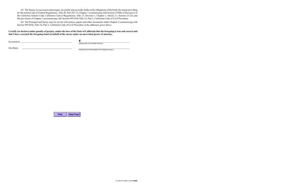 Form DL524 ETP Employer Testing Program Surety Bond - California, Page 2